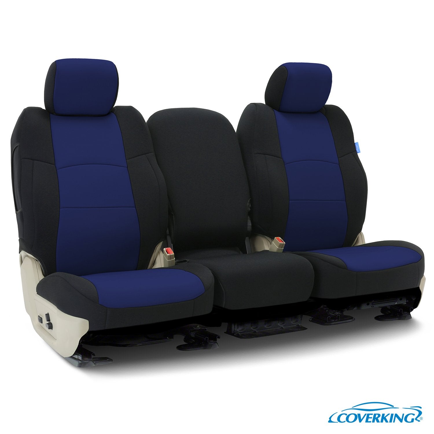 A set of custom fit neosupreme seat covers in black and blue color, displayed on a vehicle's front seat row, with brand logo visible.
